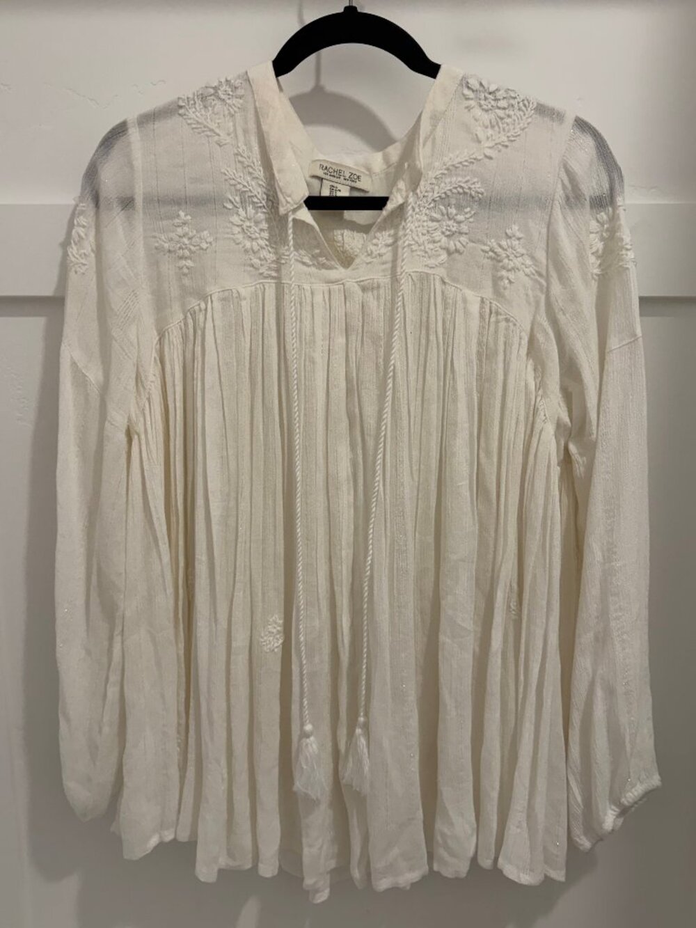 Rachel Zoe Cream Embroidered Pleated Peasant Blouse